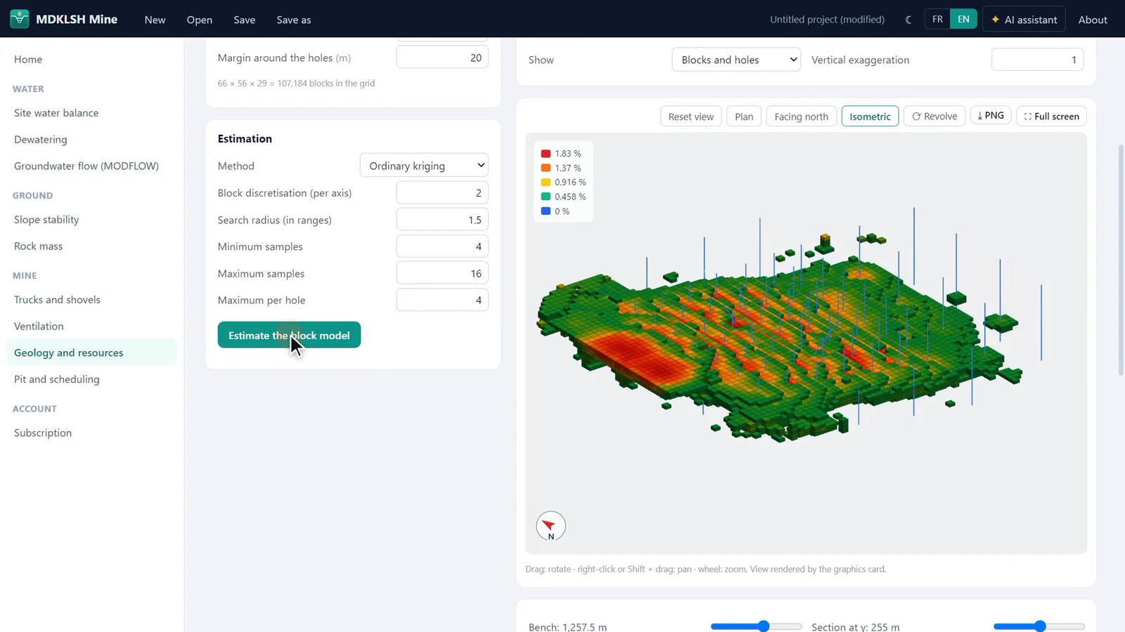 Block model estimated by kriging, in 3D