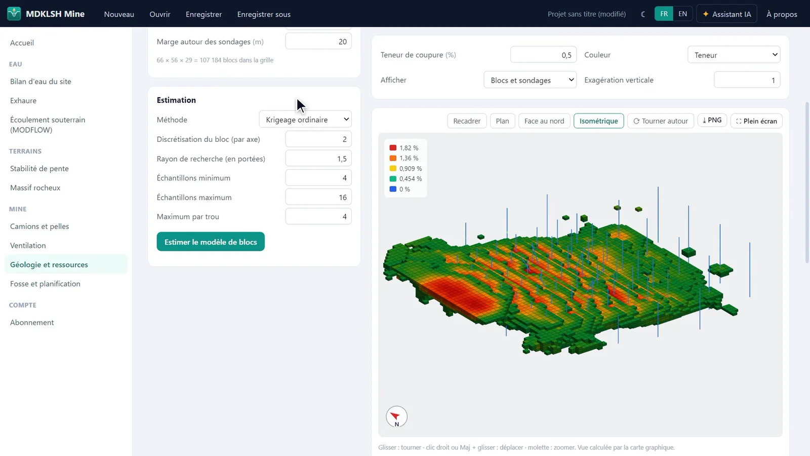 Modèle de blocs estimé par krigeage, en 3D