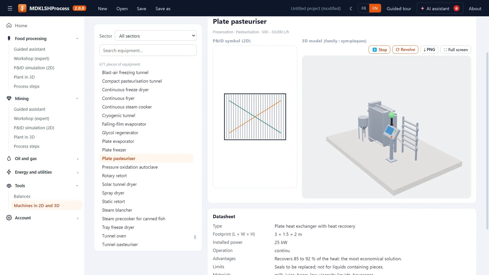 A machine in 3D with its specifications